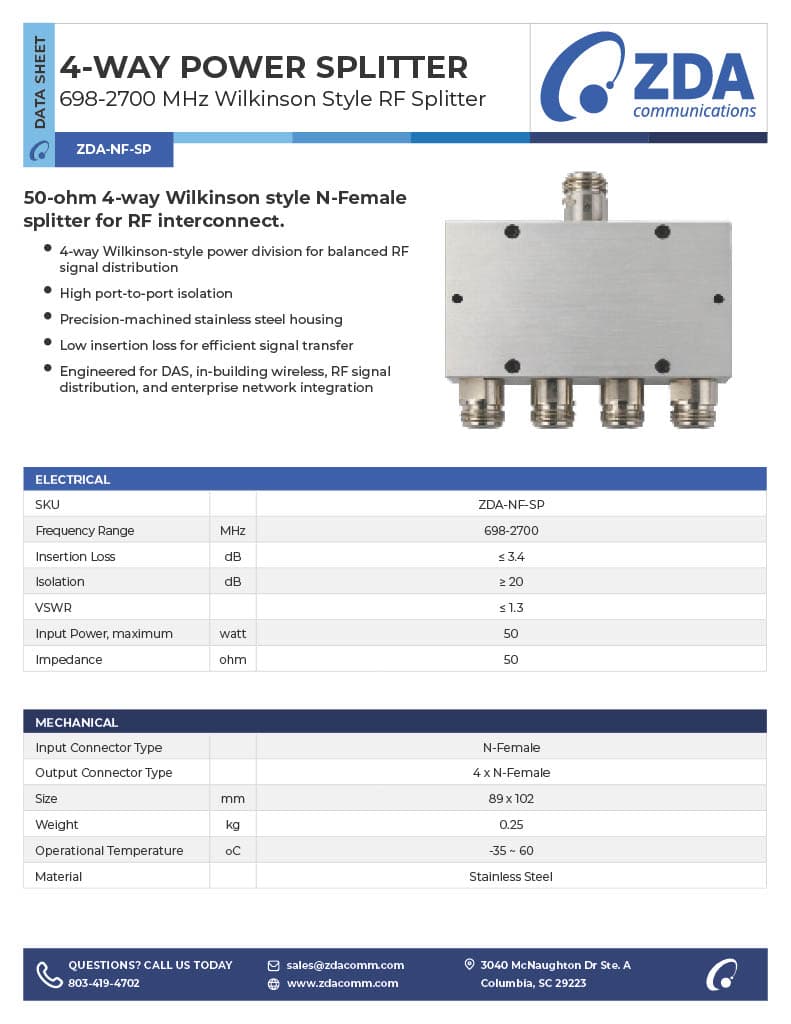 4-Way N-Female Wilkinson Style RF Power Splitter | 698-2700 MHz | 50 Ω datasheet