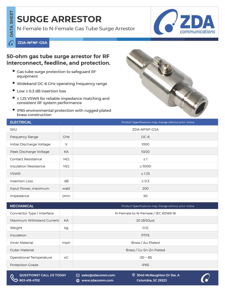 N-Female to N-Female Gas Tube Surge Arrestor | DC-6 GHz | 50 Ω datasheet