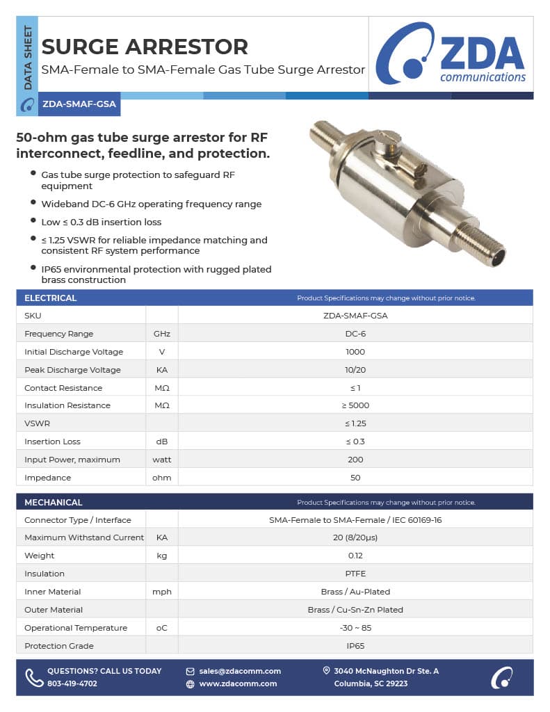 SMA-Female to SMA-Female Gas Tube Surge Arrestor | DC-6 GHz | 50 Ω datasheet