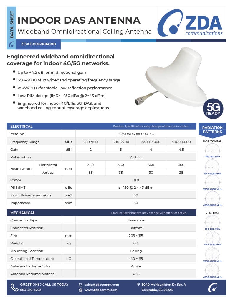 Wideband Omnidirectional Ceiling Antenna | 698-6000 MHz | 2-4.5 dBi | 50 Ω datasheet